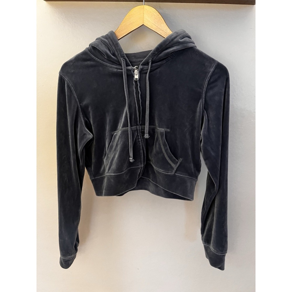 Hollister Velour Cropped Zip Hoodie Women's Small Blue Y2K Full Zip Sweatshirt
